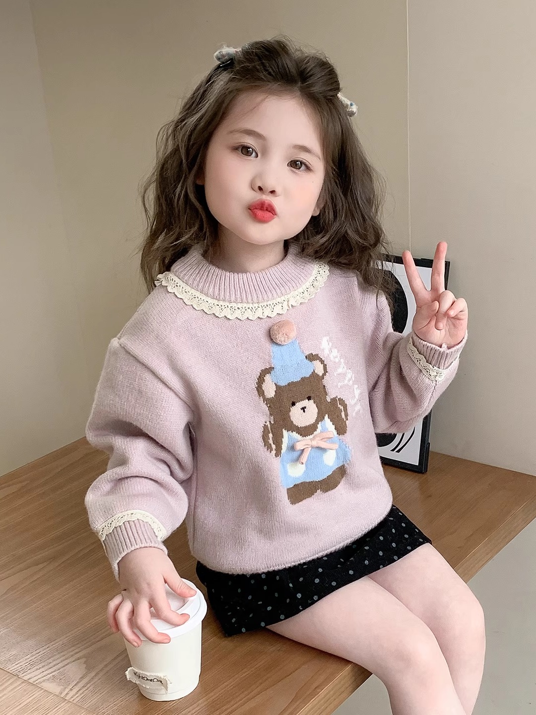Winter Under Clothing - Sweet Style Bear Print Lace Girls